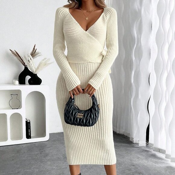 Beige Elegant Women's Stylish Knit V-Neck Cross-Tie Slimming Maxi Dress - Picture 7 of 7